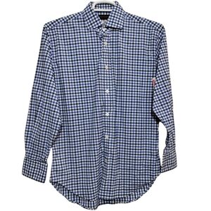 Thomas Dean Men's 15R Blue and White Checkered Dress Shirt Office